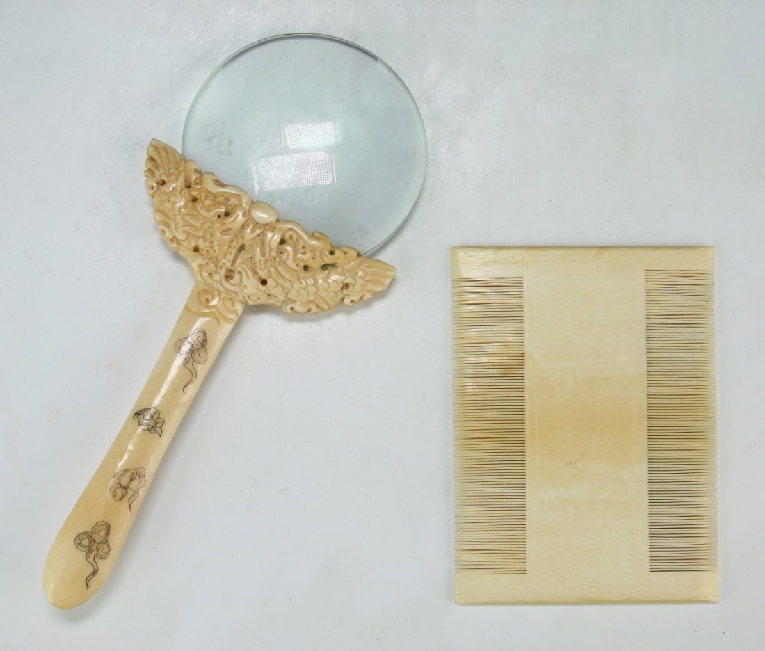 Two (2) Chinese Antique Carved Ivory Items: Two (2) Chinese Antique Carved Ivory Items: comprised of a magnifying glass and hair comb, African ivory, Late Qing Dynasty (19th Century), NO INTERNATIONAL SHIPPING OF IVORY ITEMS; Size: L: 7-1/2" (b
