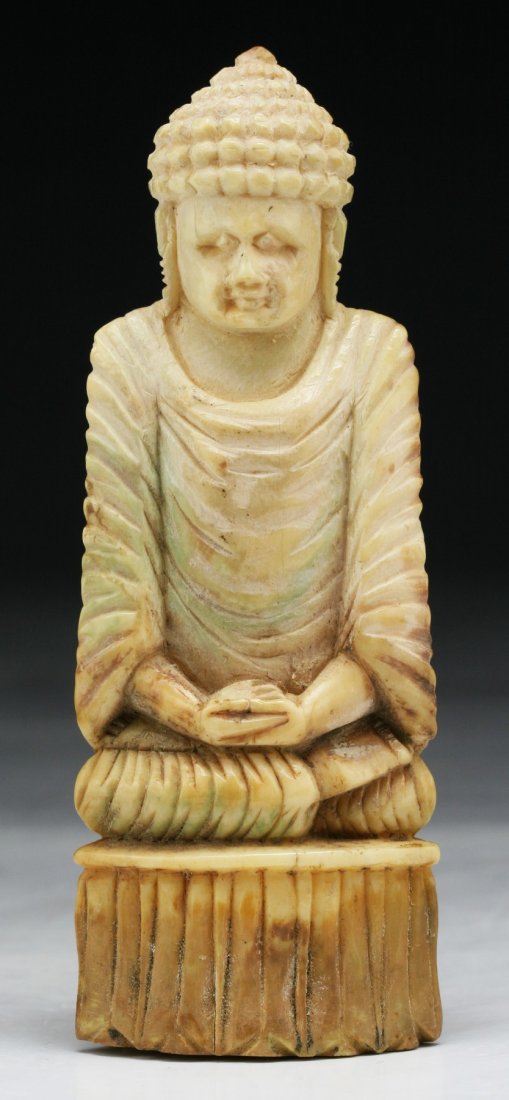 A Thai Antique Carved Ivory Buddha On Plinth: A Thai Antique Carved Ivory Buddha On Plinth: African ivory, of 17th/18th Century, NO INTERNATIONAL SHIPPING OF IVORY ITEMS; Size: H: 4"