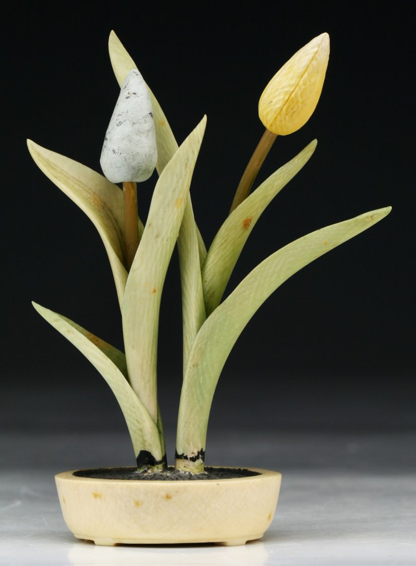 A Fine Antique Polychrome Ivory Carved Bonsai: A Fine Antique Polychrome Ivory Carved Bonsai: African ivory, circa 1900, NO INTERNATIONAL SHIPPING OF IVORY ITEMS; Size: H: 4-1/2"