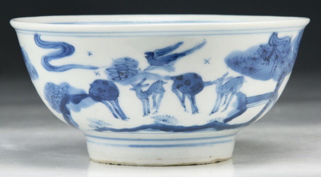 A Chinese Antique Blue & White Porcelain Bowl: 明富貴佳器青花碗 A Chinese Antique Blue & White Porcelain Bowl: signed on the base and of MING Dynasty; Size: D: 5"