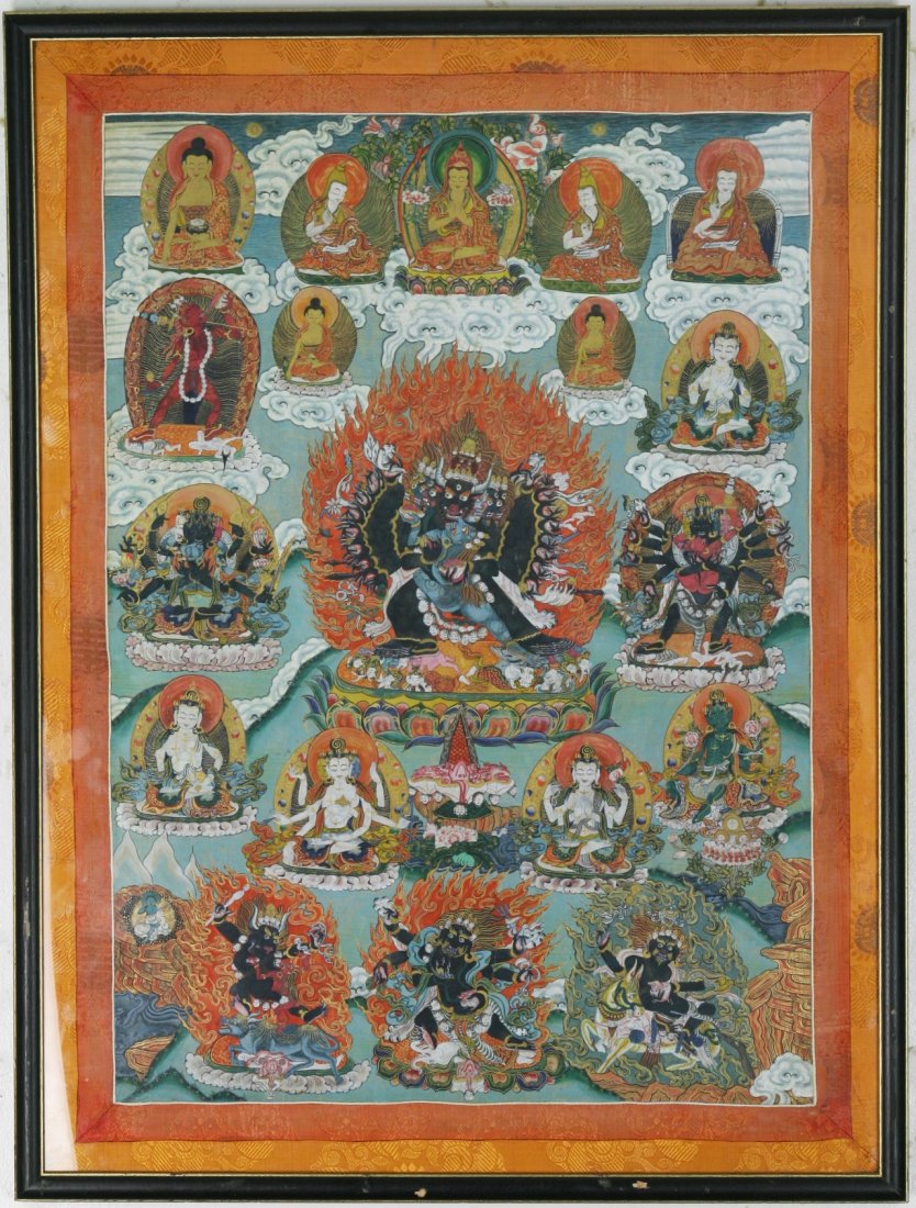 A Fine Tibetan Antique Framed Thangka: 十八世紀西藏唐卡 A Fine Tibetan Antique Framed Thangka: of 18th Century; Size: H: 34-3/4"; W: 26-1/4"