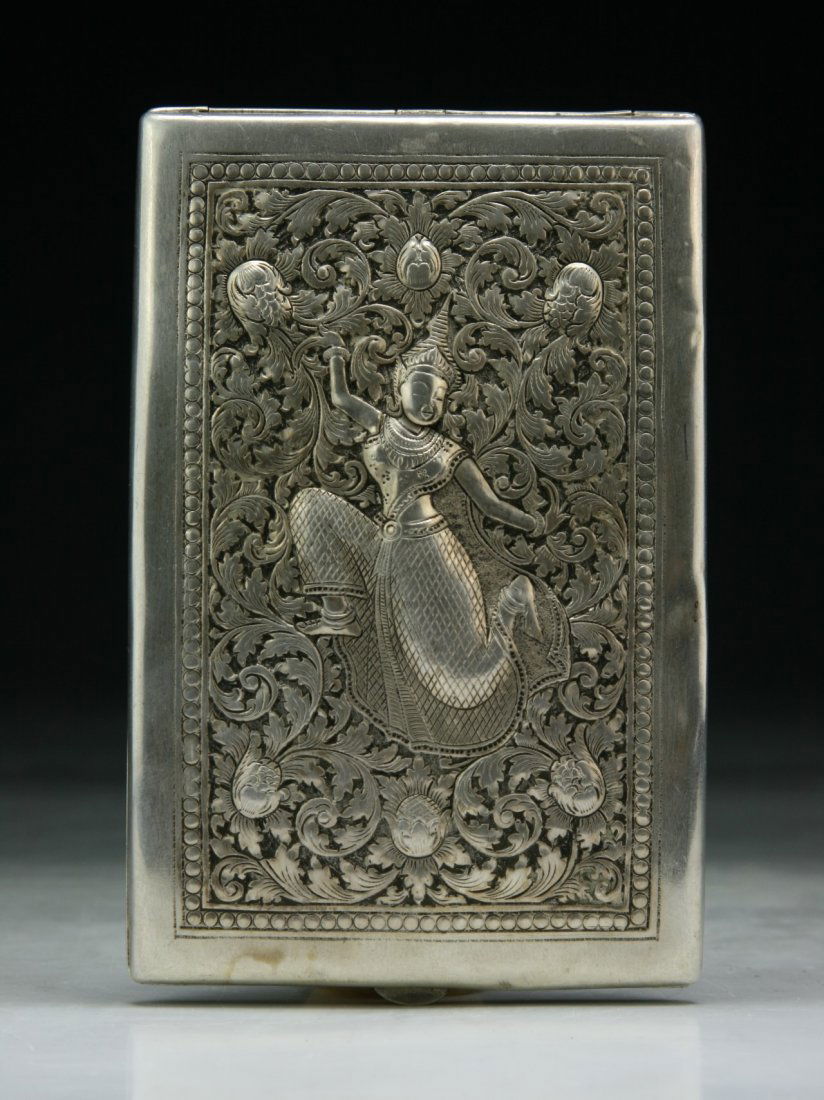 A Japanese Antique Engraved Silver Damascene Cigarette: A Japanese Antique Engraved Silver Damascene Cigarette Case; Size: L: 4-3/4"