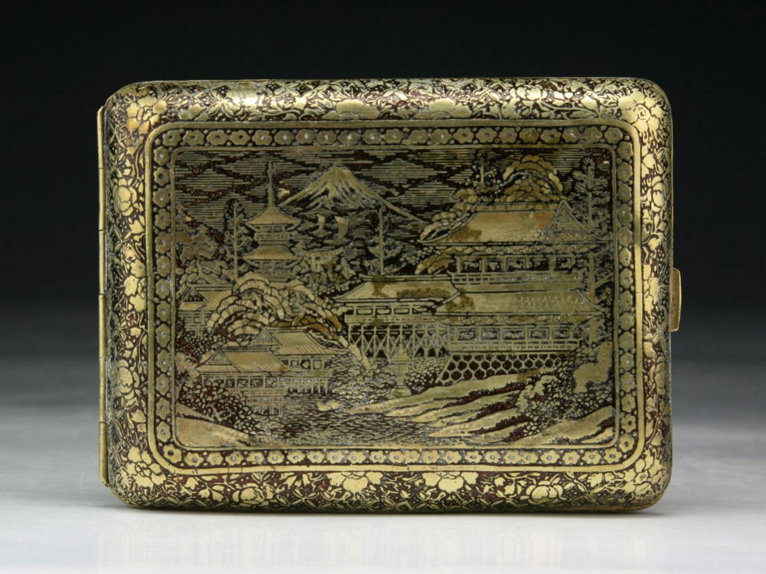 A Japanese Antique Engraved Damascene Cigarette Case: A Japanese Antique Engraved Damascene Cigarette Case; Size: L: 4-1/4"