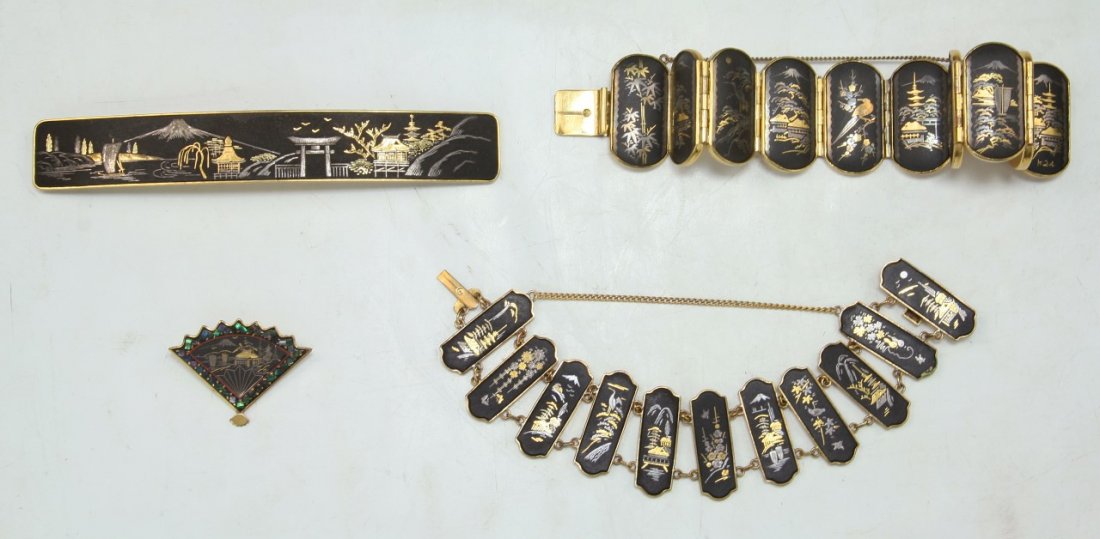 Set Of Four (4) Japanese Antique Mix Metal Items: Set Of Four (4) Japanese Antique Mix Metal Items: comprised of two bracelets, hairpin, and brooch; Size: L: 6" (biggest)