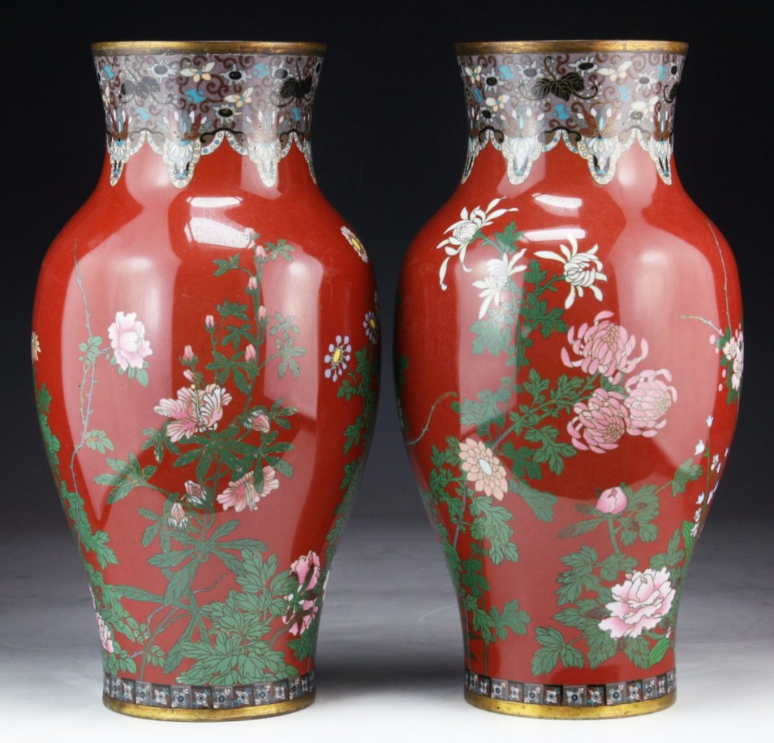 Pair Japanese Antique Cloisonne On Bronze Vases: Pair Japanese Antique Cloisonne On Bronze Vases: of 19TH Century; Size: H: 12" (each)