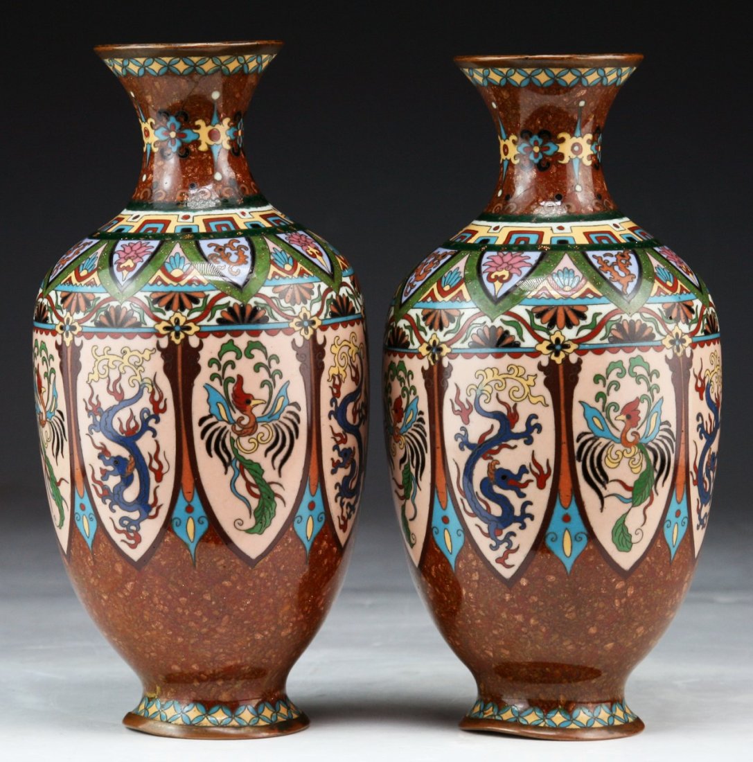 Pair Japanese Antique Cloisonne On Bronze Vases: Pair Japanese Antique Cloisonne On Bronze Vases: of 19TH Century; Size: H: 7" (each)