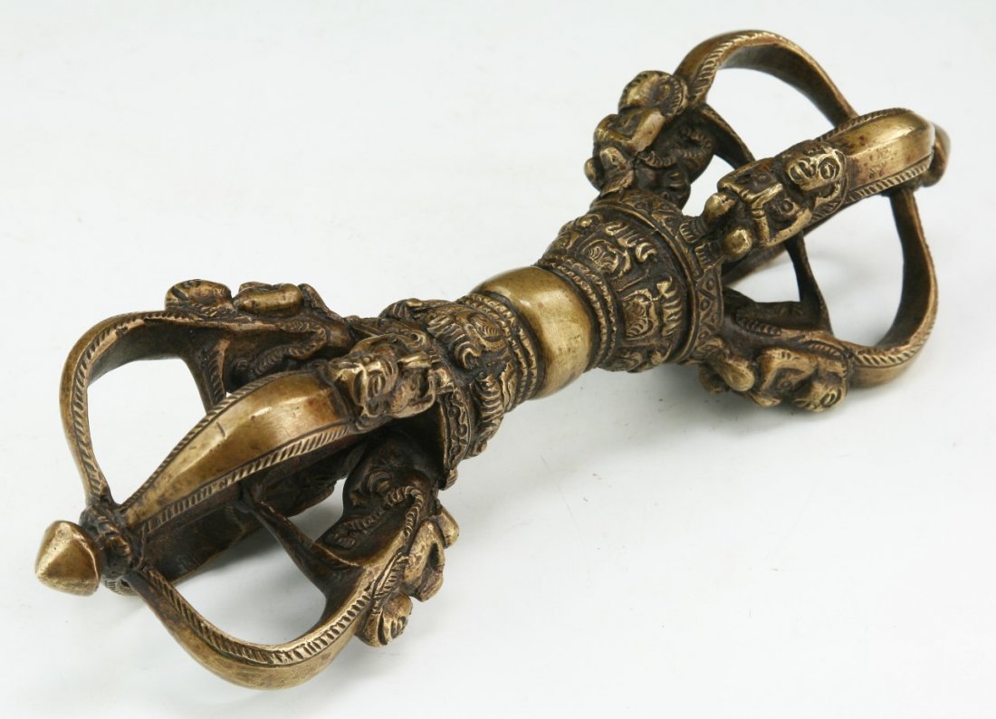 A Tibetan Antique Bronze Vajra: A Tibetan Antique Bronze Vajra: of 19th Century; Size: L: 9-/4"