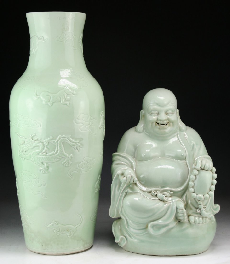 Two (2) Chinese Celadon Glazed Vase & Porcelain Buddha (1 of 5)