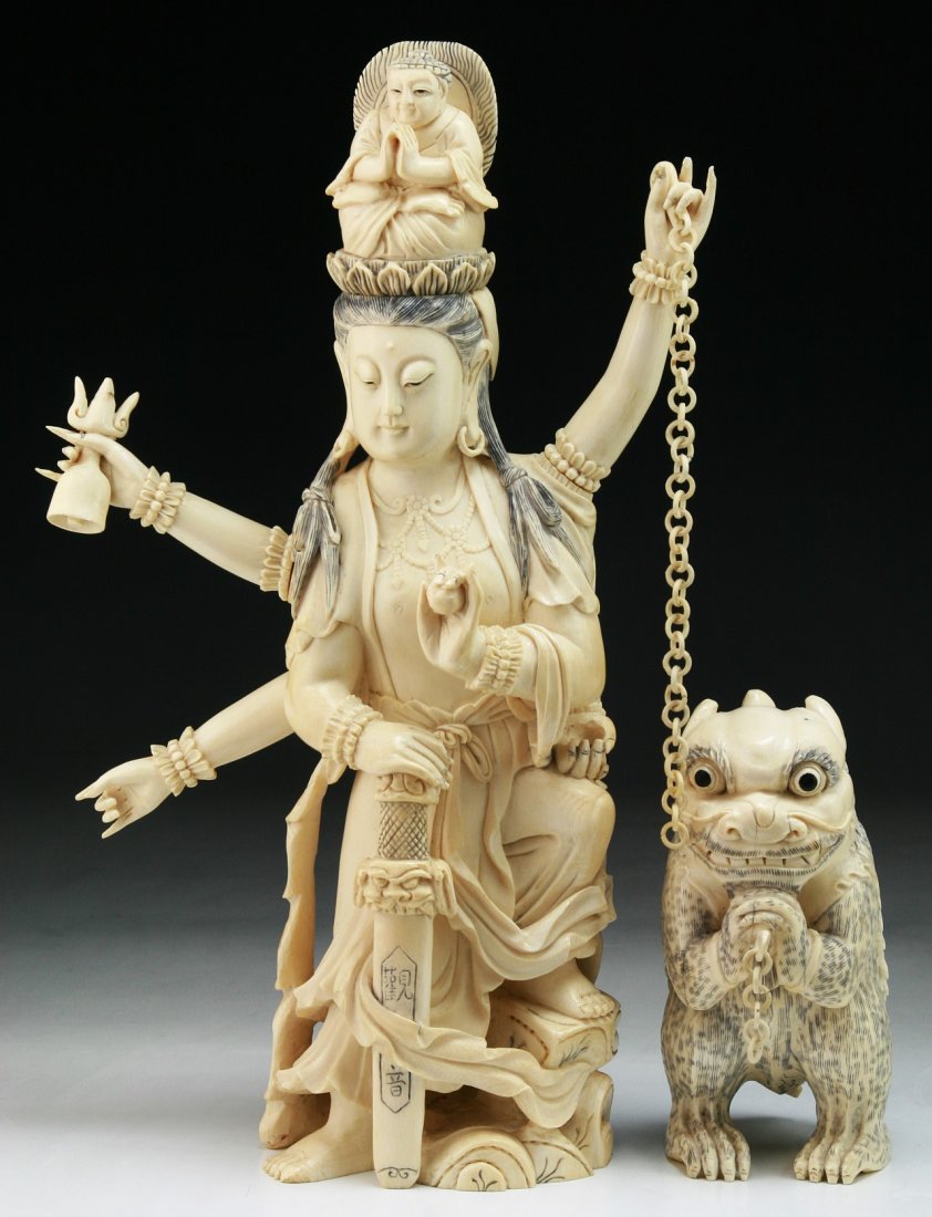 Two (2) Chinese Antique Carved Ivory Guanyin & Figure (1 of 5)