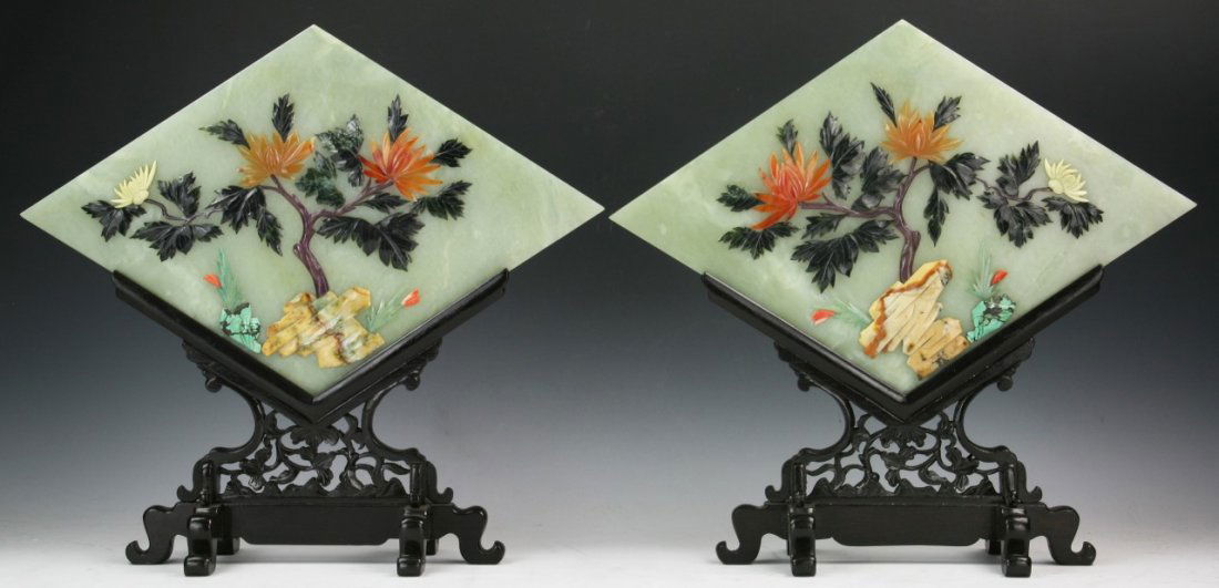 Pair Chinese Antique Serpentine Jade Table Screens (1 of 4)