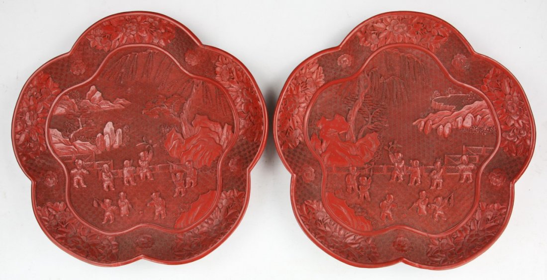 Pair Fine Chinese Antique Red Cinnabar Lacquer Plates (1 of 5)