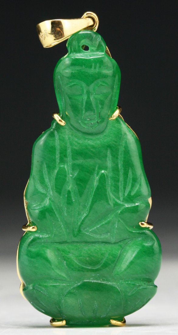 A Dark Green Jadeite Guanyin Pendant, 14K Gold (1 of 3)