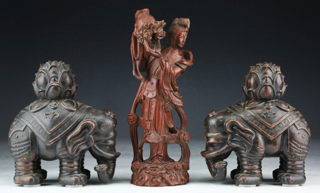 Three (3) Chinese Pottery Elephants & Wood Carved (1 of 3)