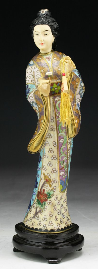 A Chinese Antique Cloisonne & Bone Beauty: A Chinese Antique Cloisonne & Bone Carved Beauty; Size: H: 8-3/4"; (overall) H: 10"