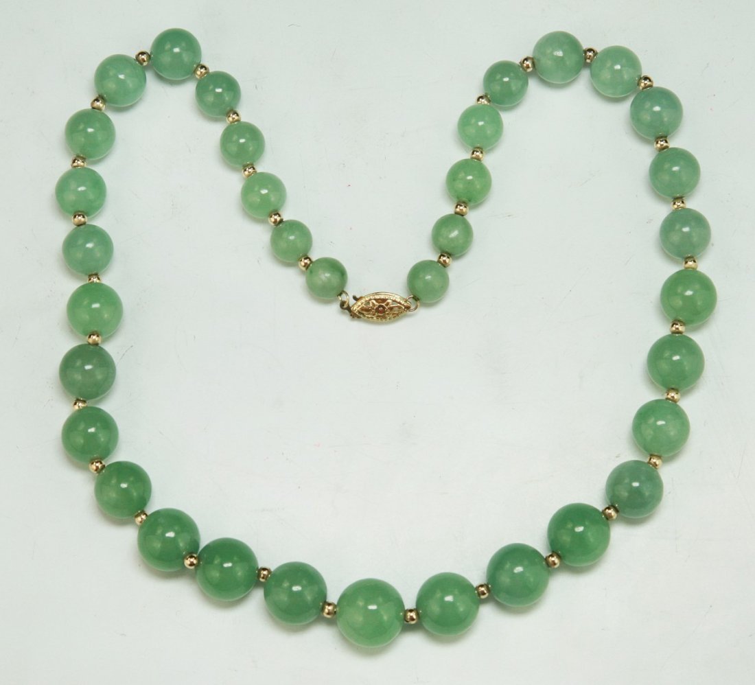 A Chinese Jadeite Beaded Necklace With 14K Clasp (1 of 3)