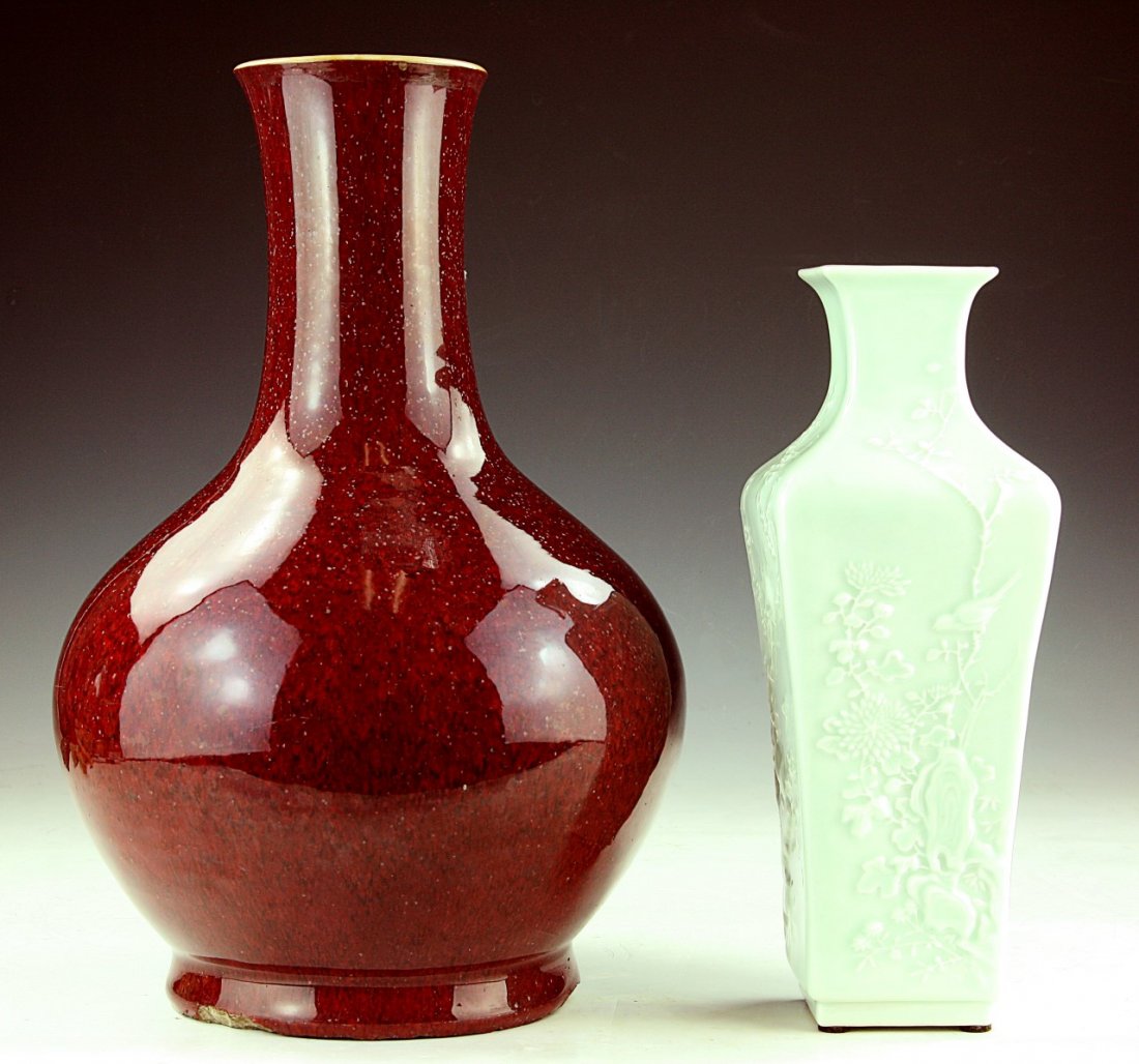 Two (2) Chinese Porcelain Vases: Two (2) Chinese Porcelain Vases: including one white glazed square vase and one ox blood porcelain baluster vase; Size: H: 12-3/4" (biggest)