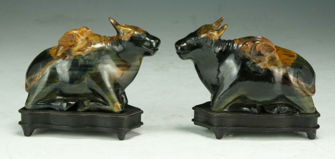 Pair Chinese Tiger Eye Carved Oxen (1 of 1)