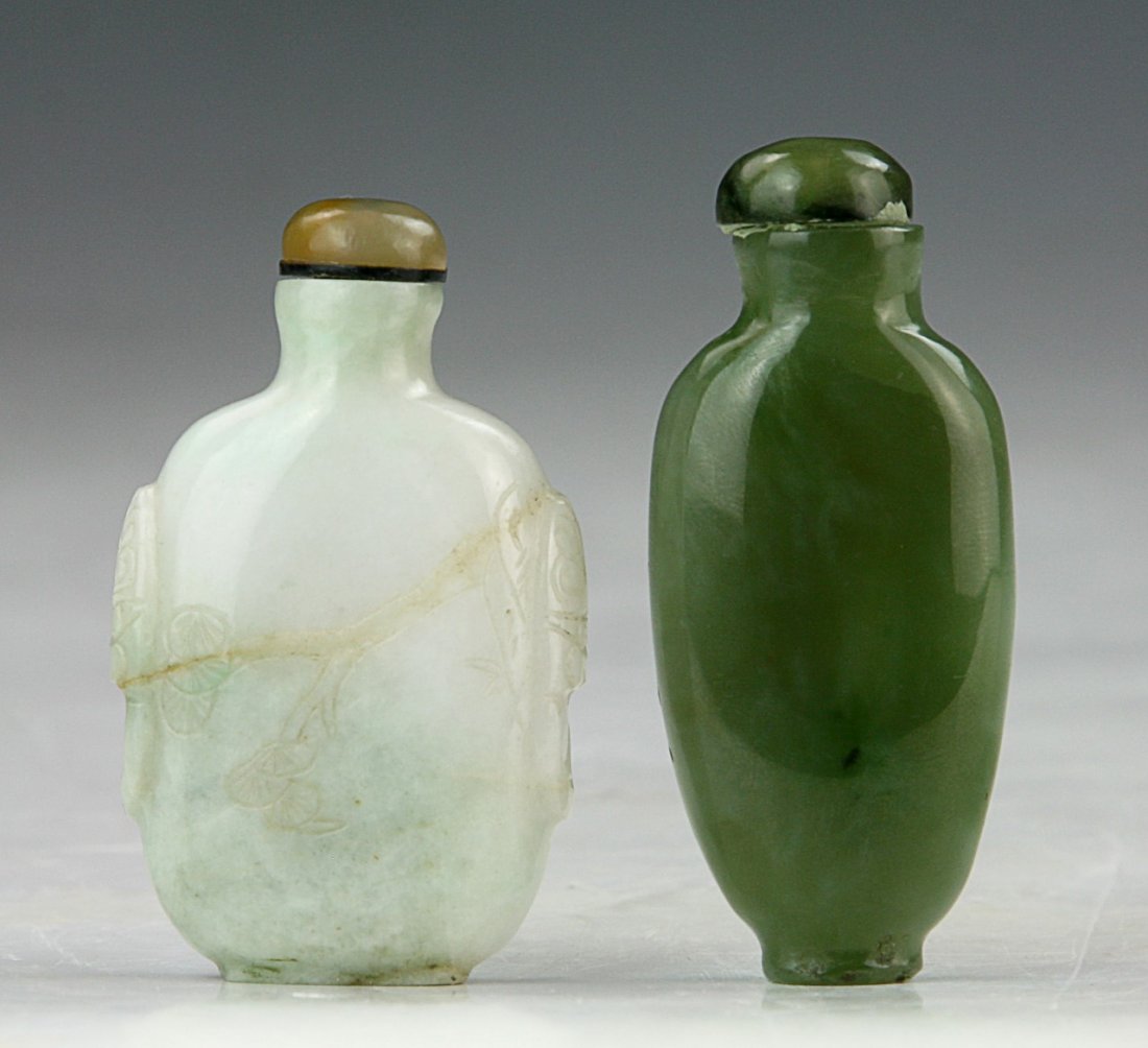 Two (2) Chinese Antique Jadeite & Spinach Jade Snuff (1 of 2)