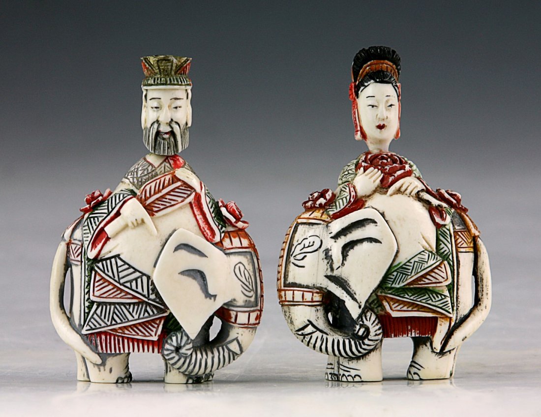 Pair Chinese Antique Polychrome Ivory Emperor & Empress (1 of 4)