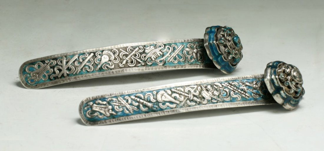 Two (2) Chinese Antique Cloisonne On Silver Hair Pins (1 of 4)