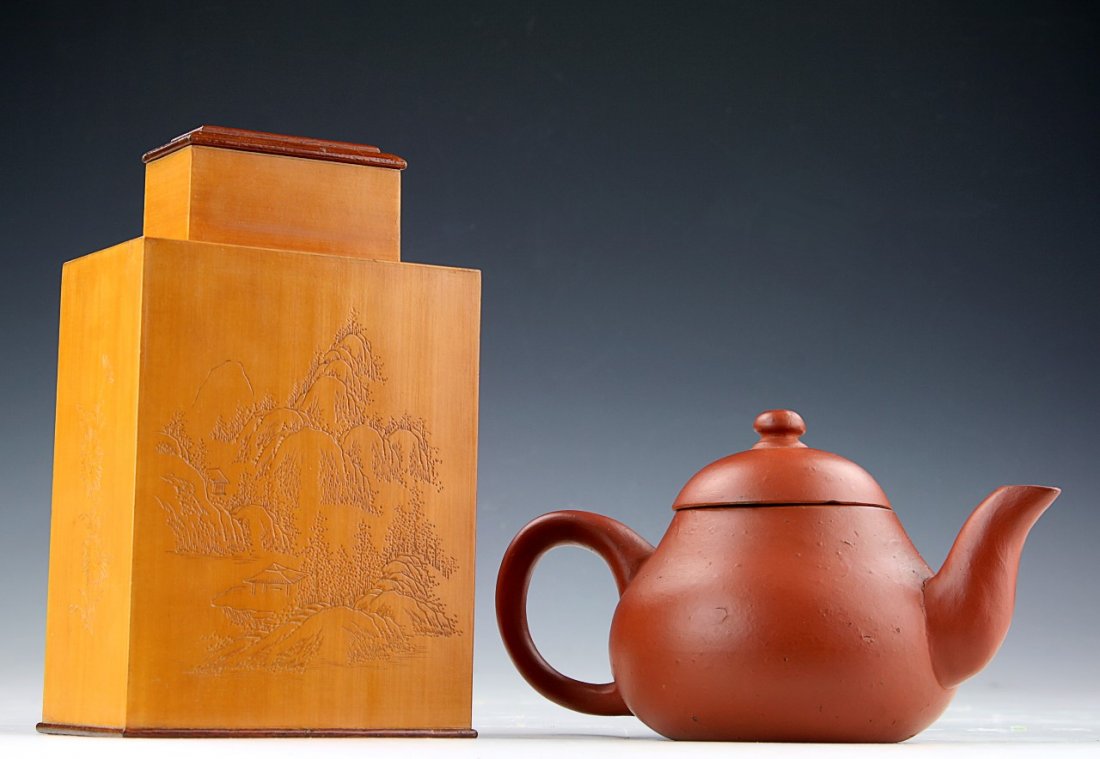 Two (2) Chinese Zisha Teapot & Bamboo Tea Caddy (1 of 3)