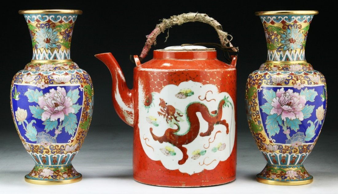 Three (3) Chinese Cloisonne Vases & Porcelain Teapot (1 of 4)