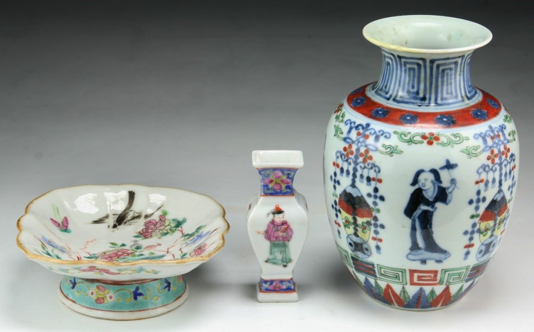 Three (3) Chinese Famille Rose Porcelain Vases & Plate (1 of 2)