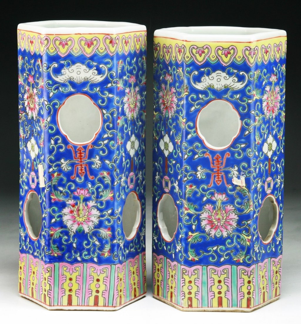 Pair of Chinese Antique Famille Rose Brush Pots (1 of 3)