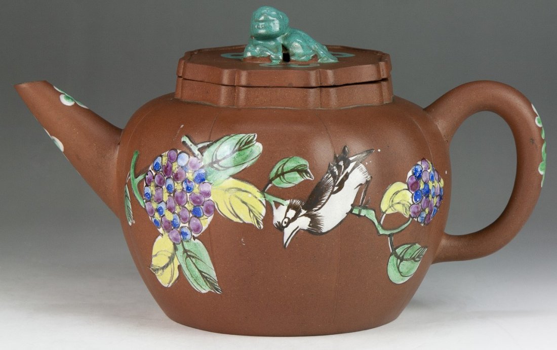 A Chinese Antique Yixing Polychrome Zisha Teapot: A Chinese Antique Yixing Polychrome Zisha Teapot: of Minguo Period; Size: L: 8"