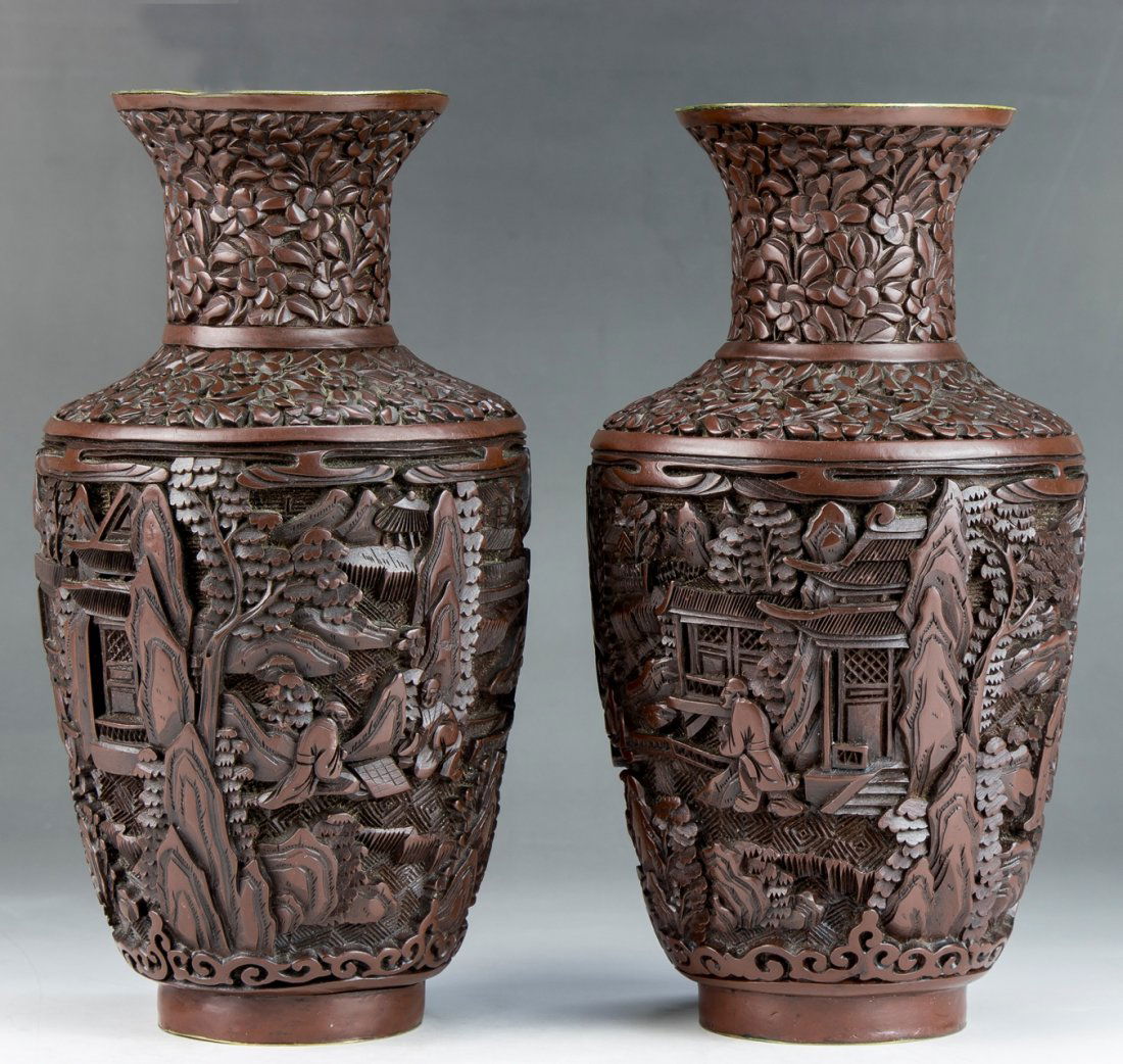 Pair Chinese Antique Red Cinnabar Lacquer Vases (1 of 2)