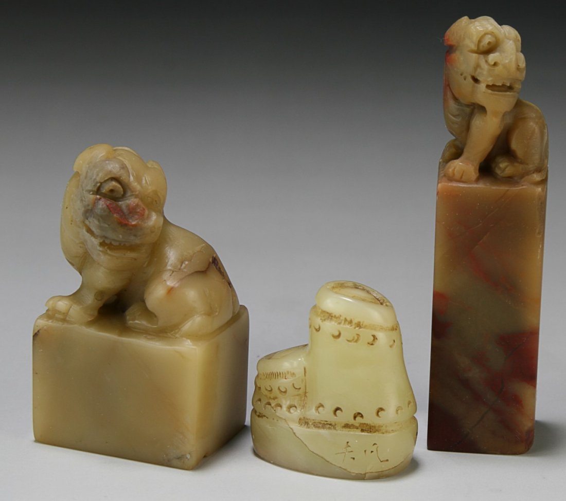 Three (3) Chinese Soapstone Carved Seals: Three (3) Chinese Soapstone Carved Seals; Size: H: 3-1/4" (biggest)