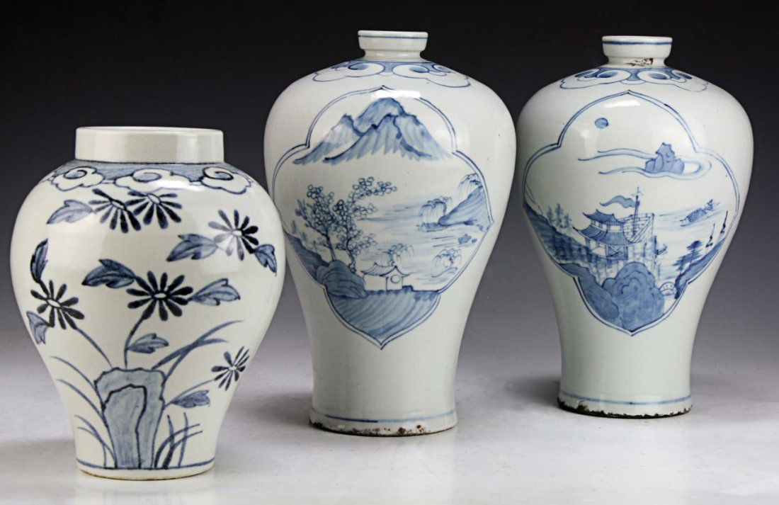 Three (3) Korean Blue & White Porcelain Vases (1 of 3)