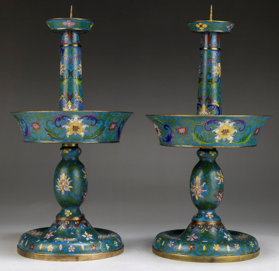 Pair Chinese Antique Cloisonne Pricket Candle Holders: (1 of 4)