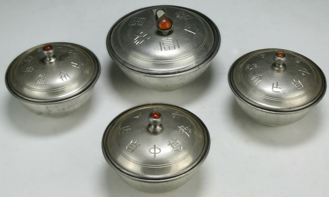 Four (4) Chinese Jeweled Pewter Lidded Bowls (1 of 2)