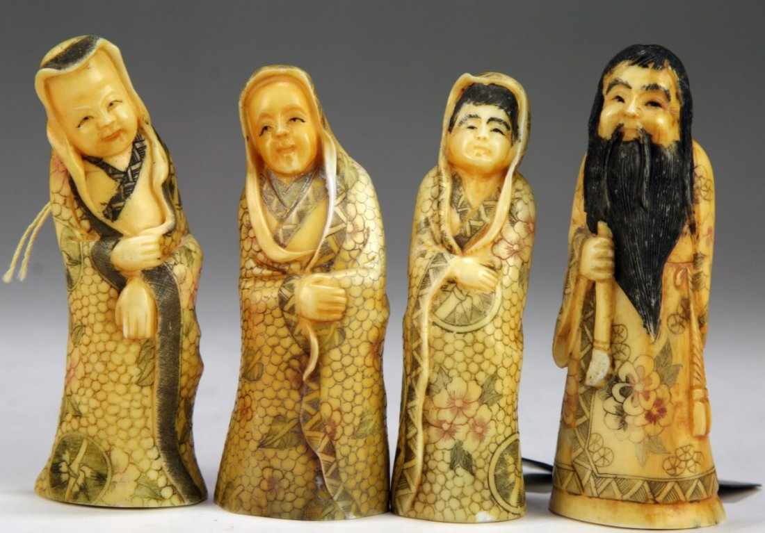 Four (4) Japanese Antique Polychrome Bone Carved: Four (4) Japanese Antique Polychrome Bone Carved Figures; Size: H: 2-7/8" (biggest)