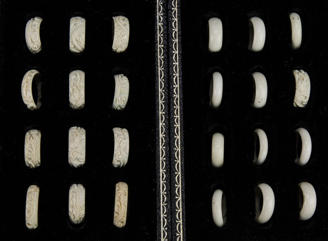 Twenty Four (24) Chinese Antique Ivory Carved Rings: Twenty Four (24) Chinese Antique Ivory Carved Rings, African ivory, early 20th Century, NO INTERNATIONAL SHIPPING OF IVORY ITEMS; Size: Ring Size: 7