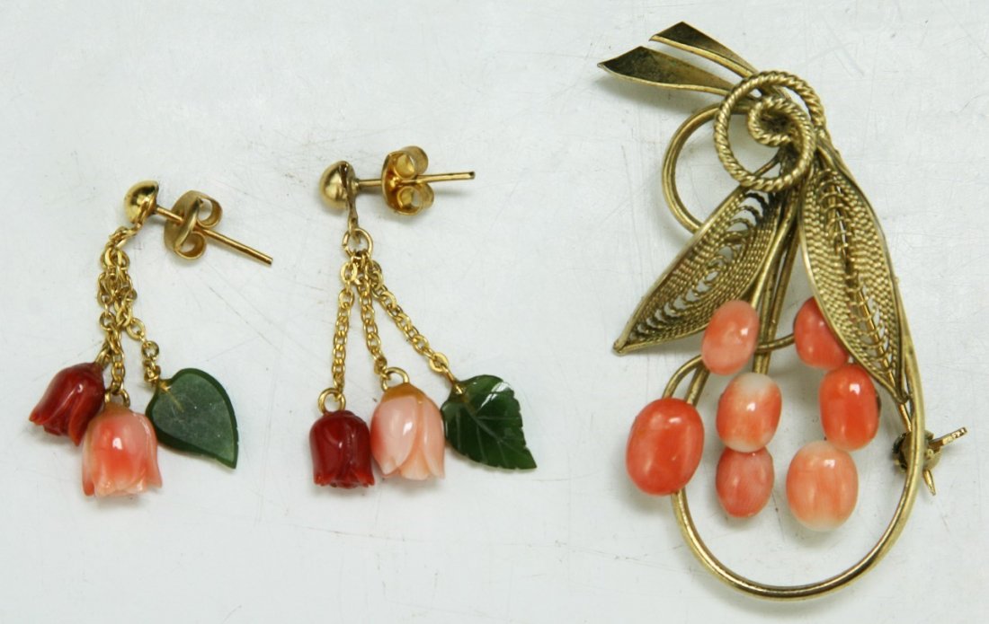 Three (3) Coral And Jadeite Brooch & Earrings Set (1 of 2)
