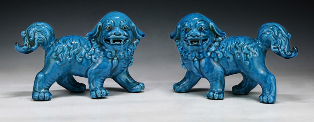 Pair of Chinese Blue Glazed Porcelain Foo Dogs: Pair of Chinese Blue Glazed Porcelain Foo Dogs; Size: L: 10-1/2" (each)