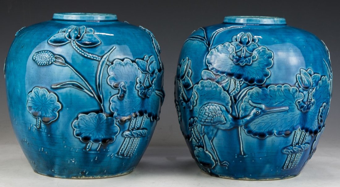 Pair Chinese Antique Blue Glazed Porcelain Jars (1 of 4)