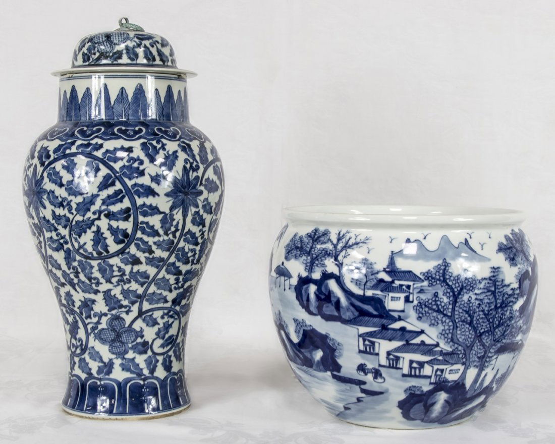 Two (2) Chinese Blue & White Porcelain Lidded Vase & (1 of 3)