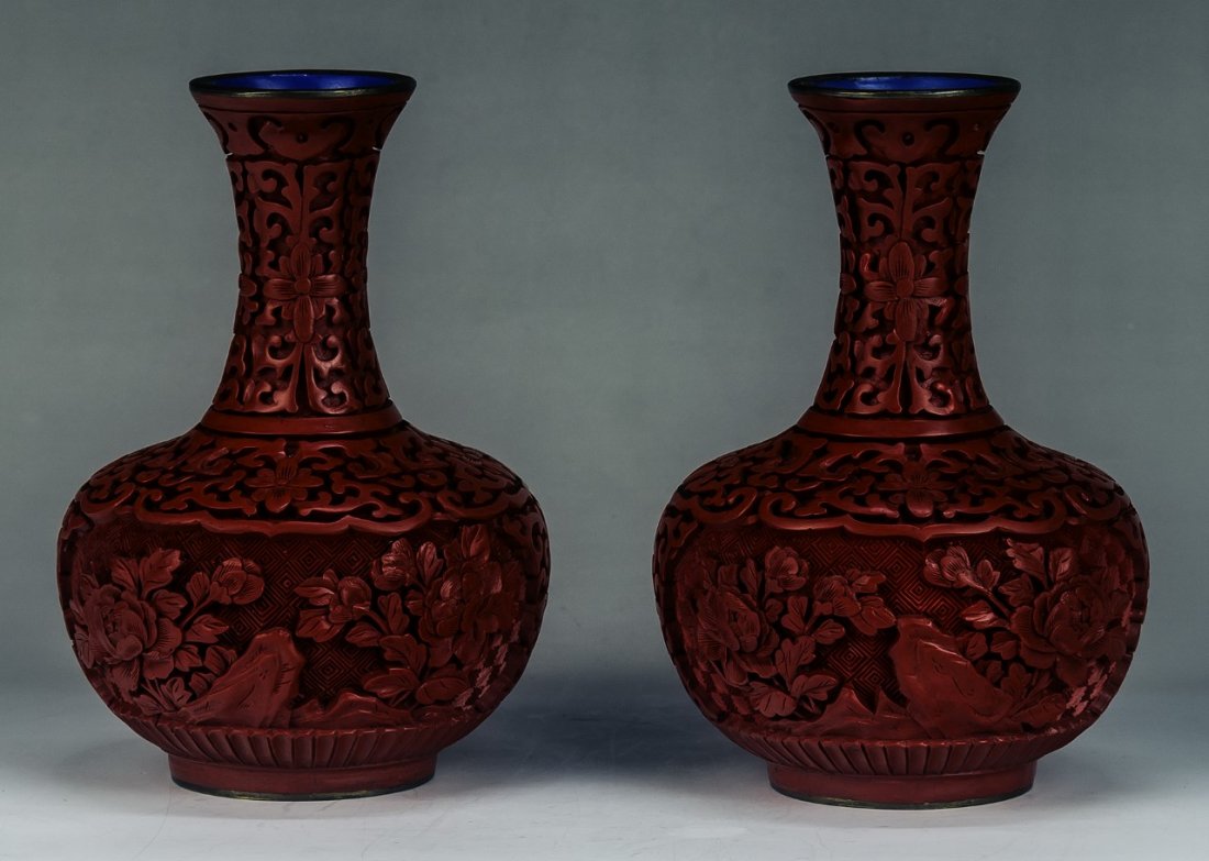Pair Chinese Cinnabar Red Lacquer Vases (1 of 4)