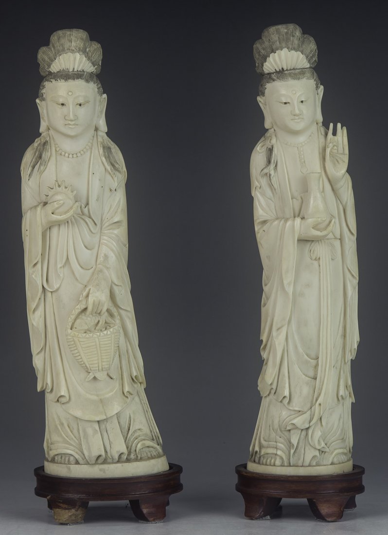Pair Chinese Antique Ivory Carved Guanyin (1 of 4)