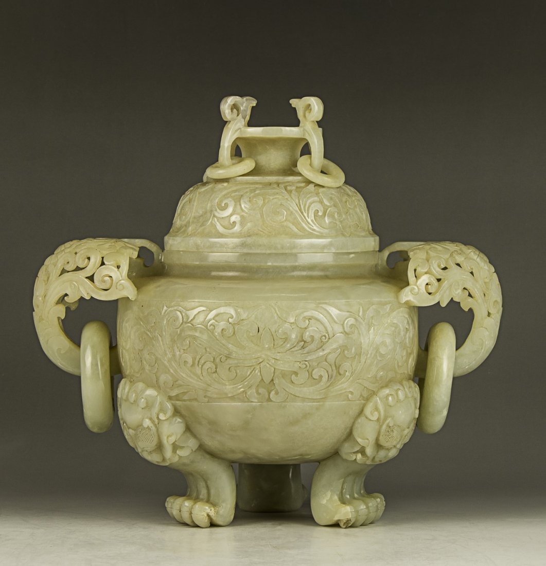 A Chinese Antique Celadon Nephrite Jade Lidded Censer (1 of 7)