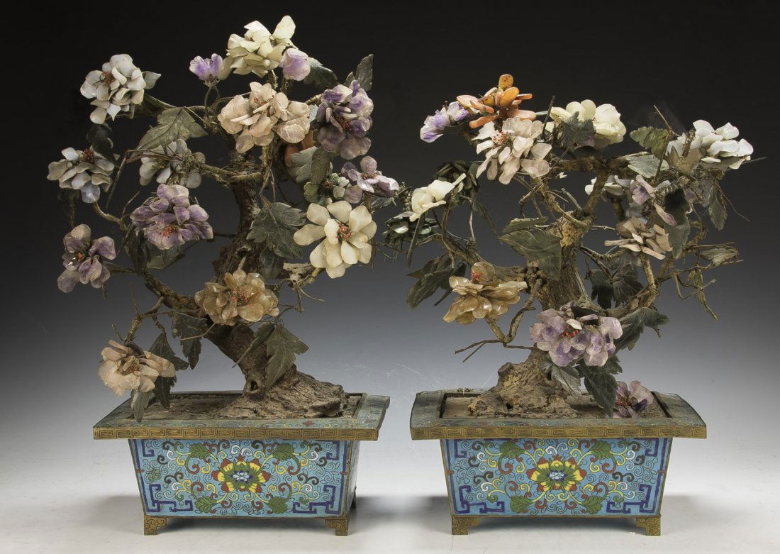 Pair Chinese Antique Carved Jade & Cloisonne Bonsai (1 of 3)