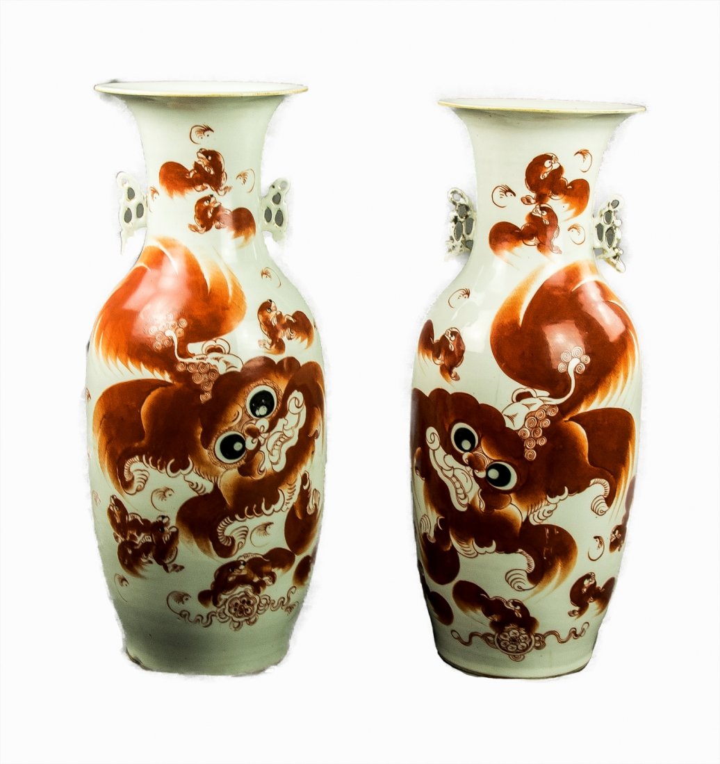 Pair Big Chinese Antique Iron Red Porcelain Vases (1 of 4)