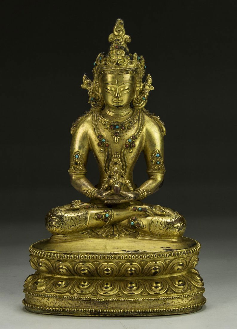 A Tibetan Antique Jeweled Gilt Bronze Amitayus: 十九世紀西藏銅鎏金無量壽佛像 A Tibetan Antique Jeweled Gilt Bronze Amitayus: finely carved, inlaid with coral and t