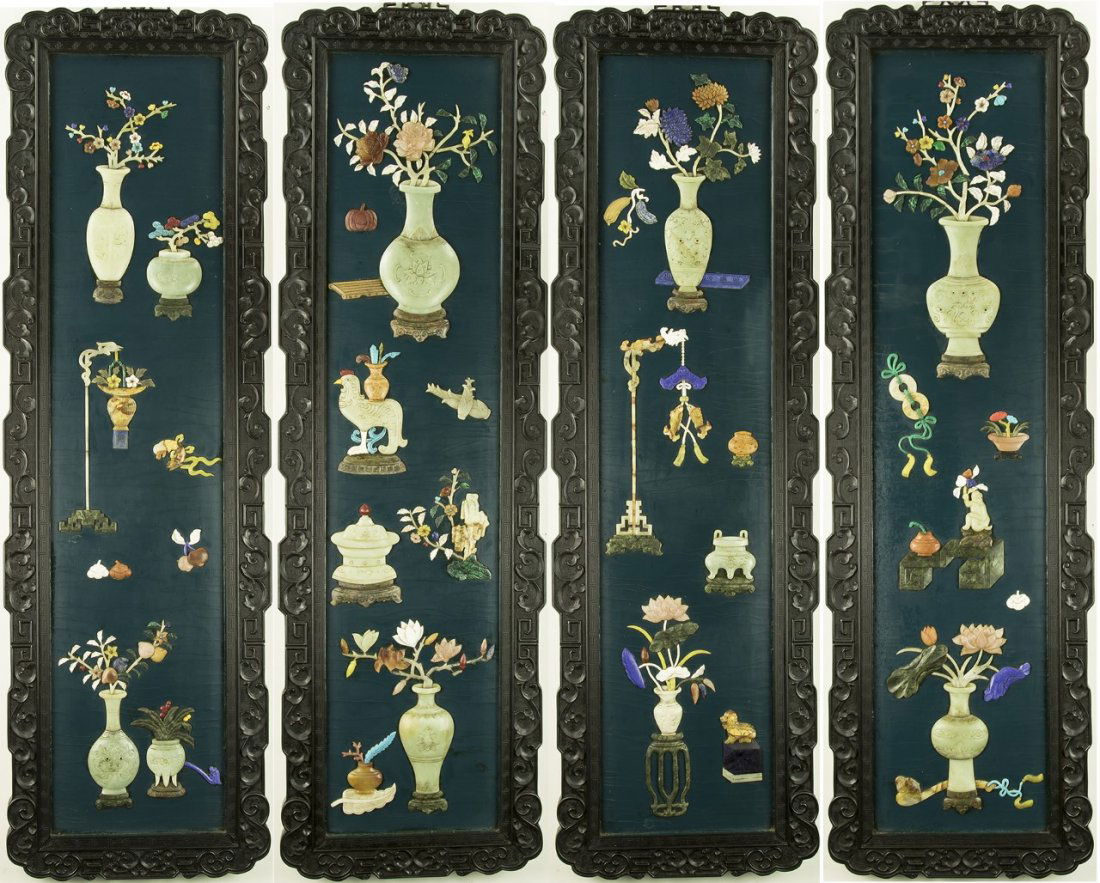 Four (4) Framed Chinese Antique Applique Lacquer Panels (1 of 1)