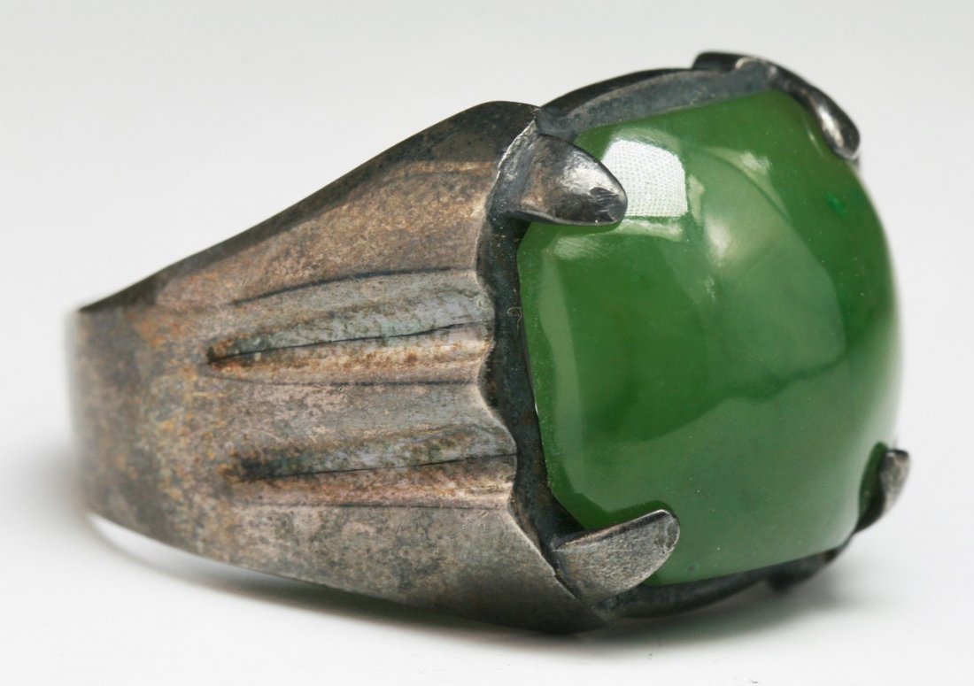 A Green Jade or Jadeite Ring, Sterling Silver (1 of 4)