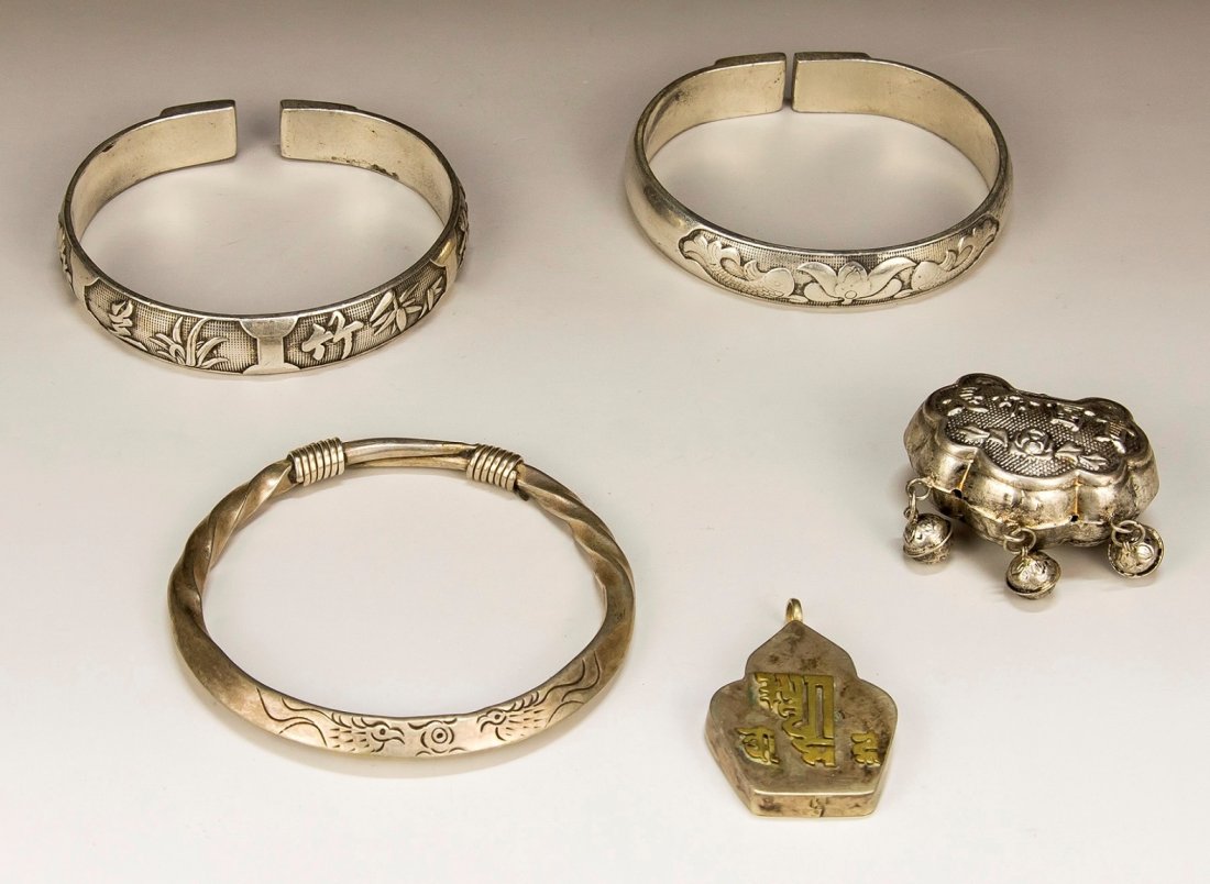 Five (5) Chinese Silver Bangles & Pendants (1 of 2)
