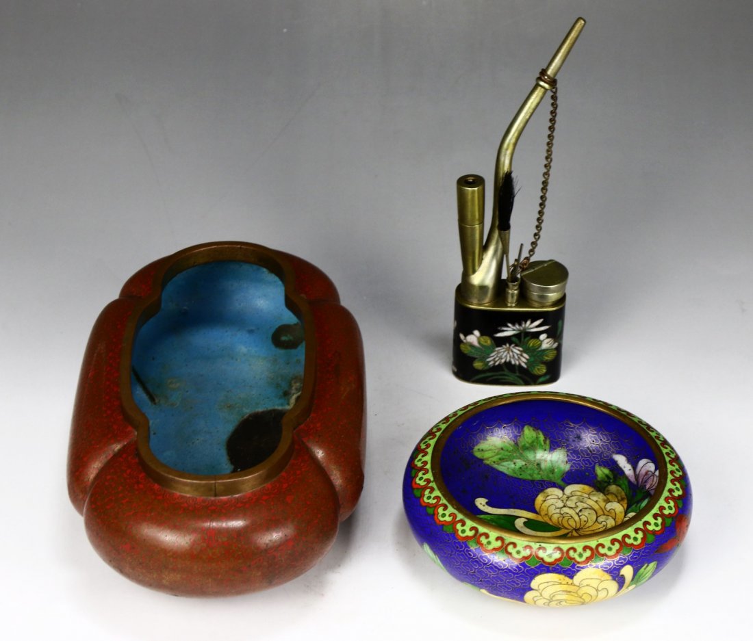 Three (3) Chinese Cloisonne Bowls & Pipe (1 of 6)